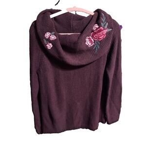 Cloud Chaser Womens Floral Embroidered Cowl Neck Sweater L Burgundy Boho Knit